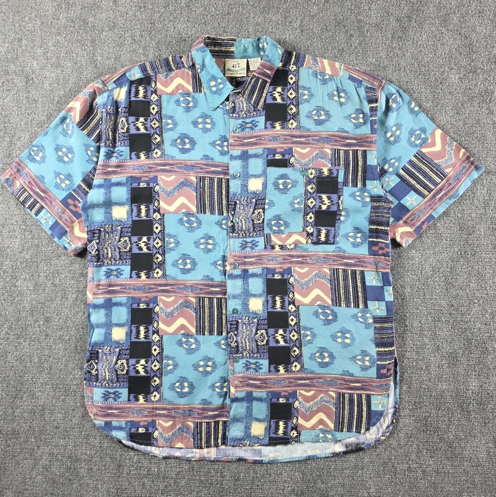 VAN HEUSEN COTTON RAYON SHIRT BLUE ABSTRACT SHORT SLEEVE